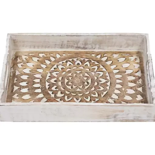 Brushed White Mandala Carved Trays, Set of 2