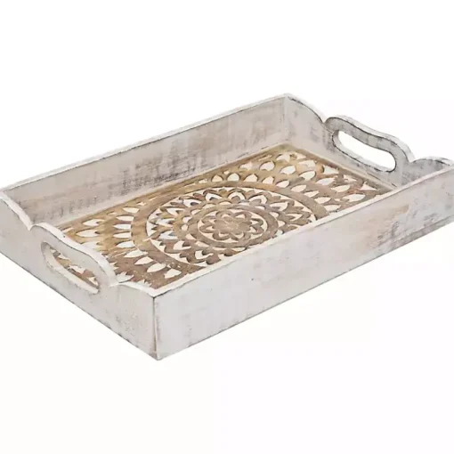 Brushed White Mandala Carved Trays, Set of 2