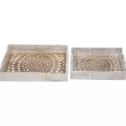 Brushed White Mandala Carved Trays, Set of 2