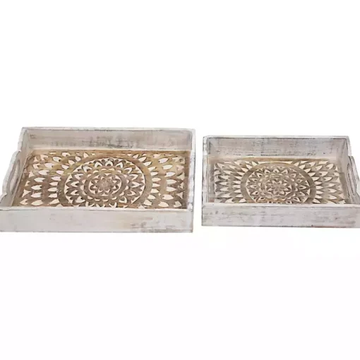Brushed White Mandala Carved Trays, Set of 2