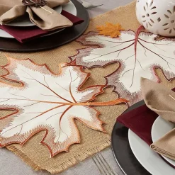 Cream Maple Leaves Embroidered Table Runner