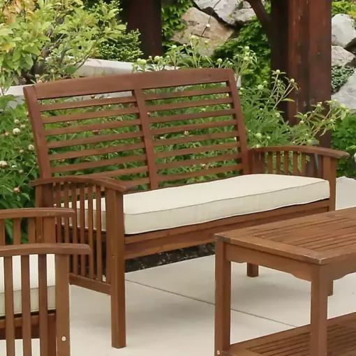 Dark Brown Acacia Wood Loveseat Bench with Cushion