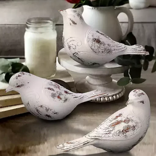 Distressed White Carved Bird Statues, Set of 3