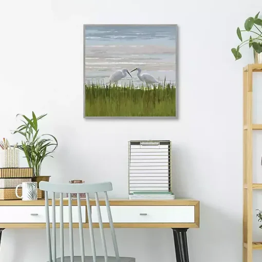 Egret Meeting Framed Canvas Art Print