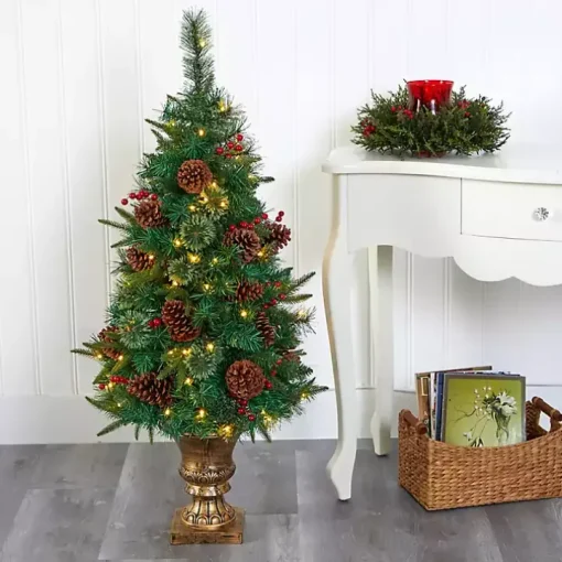 4 ft. Pre-Lit Berry and Pine Cones Tree in Urn