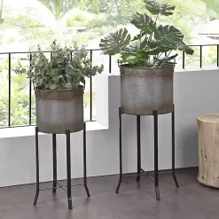 Galvanized Black Planters with Stands, Set of 2