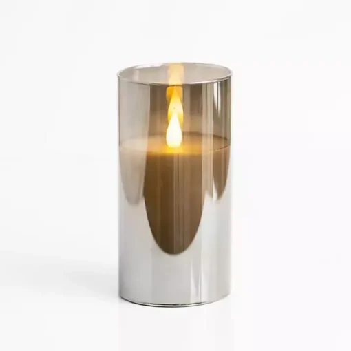 Gray LED Soft Flame Glass Pillar Candle, 4x6 in.