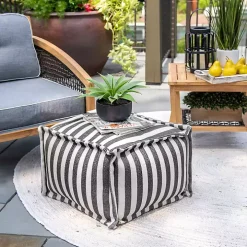 Gray Striped Outdoor Pouf