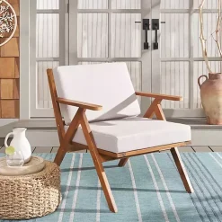 Gray Upholstered Acacia Wood Outdoor Chair