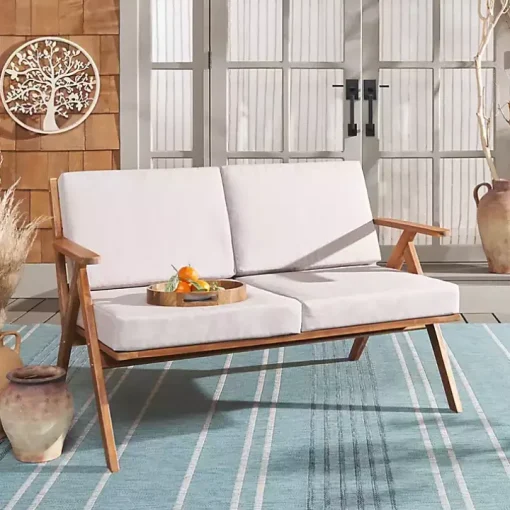 Gray Upholstered Acacia Wood Outdoor Loveseat