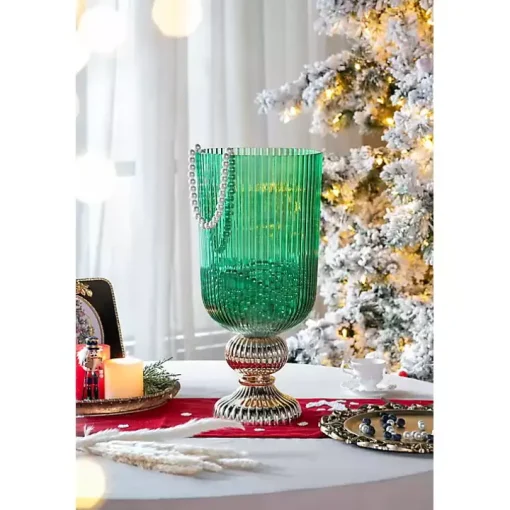 Green Glass Vase with Gold Pedestal Base, 20 in.