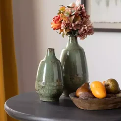 Green Glazed Ceramic Vases, Set of 2