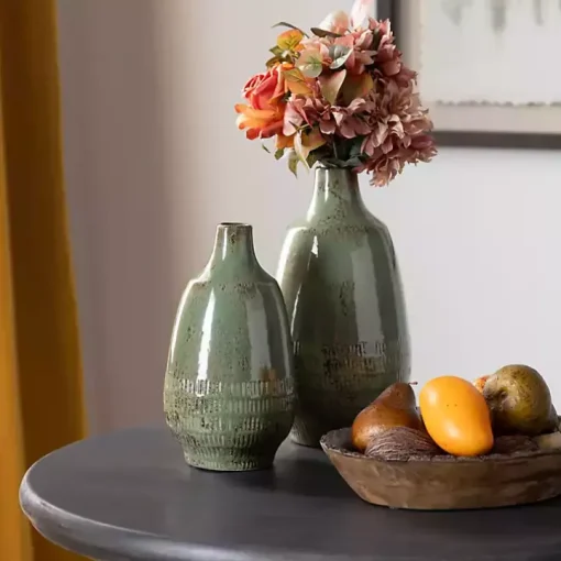 Green Glazed Ceramic Vases, Set of 2