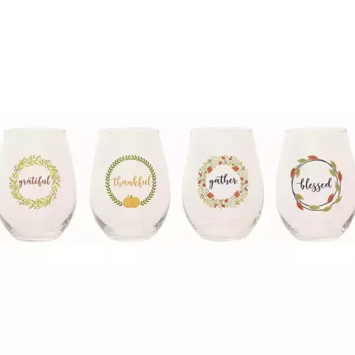 Harvest Sentiment Stemless Wine Glasses, Set of 4