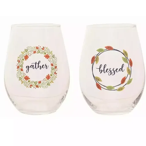 Harvest Sentiment Stemless Wine Glasses, Set of 4
