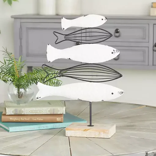 Ivory Distressed Coastal Fish School Statue