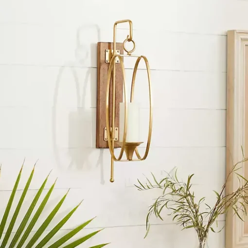 Modern Warm Wood and Gold Sconce