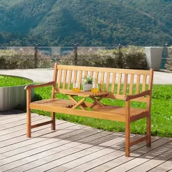 Natural Acacia Wood Bench with Pop-Up Table