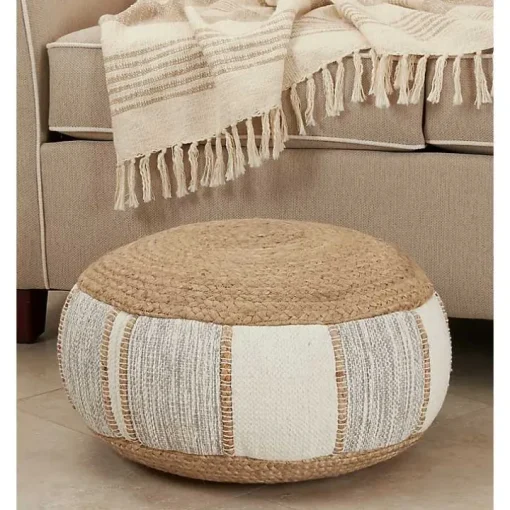 Natural Gray and White Striped Jute Pouf
