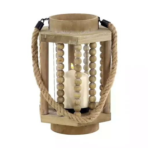 Natural Wood Beaded & Rope Handle Lantern