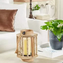 Natural Wood Beaded & Rope Handle Lantern