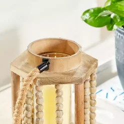 Natural Wood Beaded & Rope Handle Lantern