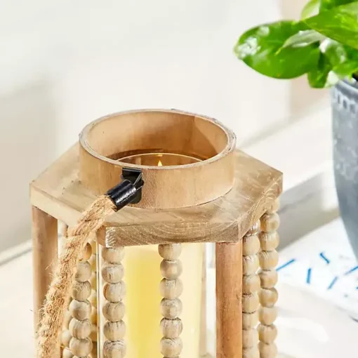 Natural Wood Beaded & Rope Handle Lantern