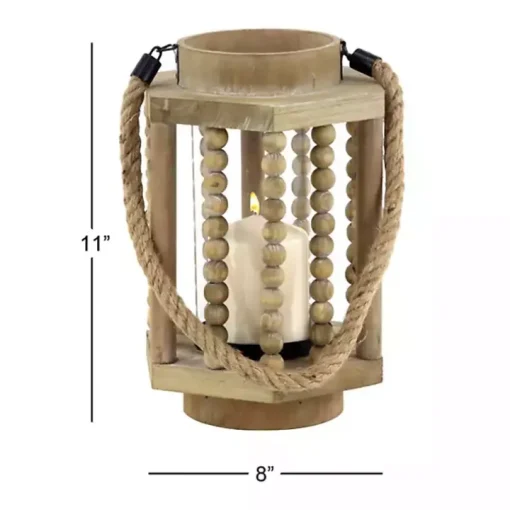 Natural Wood Beaded & Rope Handle Lantern
