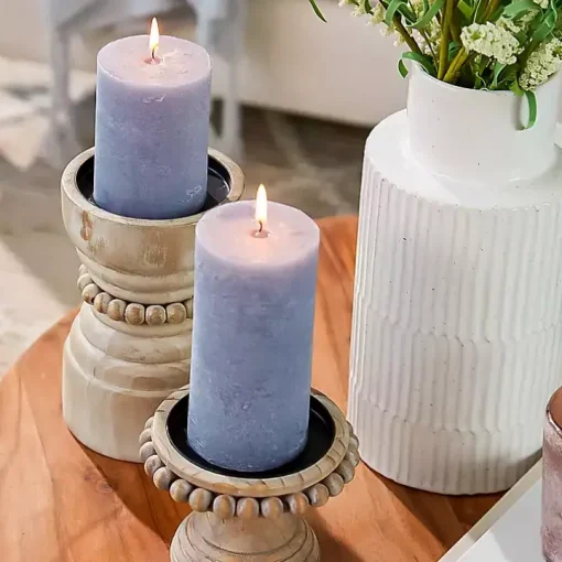 Natural Wood Beaded Pillar Candle Holder, 8 in.