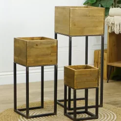Natural Wood with Metal Base Planters, Set of 3