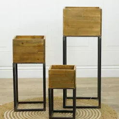 Natural Wood with Metal Base Planters, Set of 3