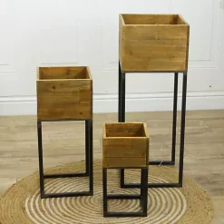 Natural Wood with Metal Base Planters, Set of 3