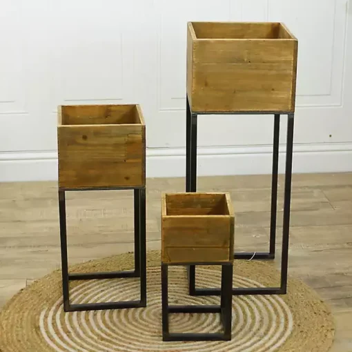 Natural Wood with Metal Base Planters, Set of 3