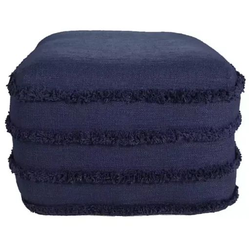 Navy Blue Tufted Stripe Cotton Square Pouf