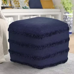 Navy Blue Tufted Stripe Cotton Square Pouf