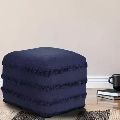 Navy Blue Tufted Stripe Cotton Square Pouf