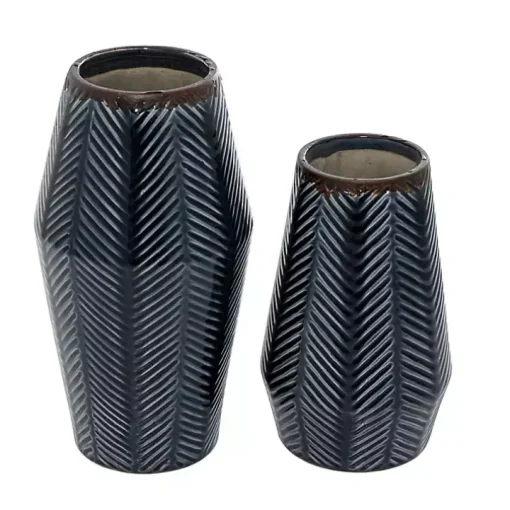 Navy Carved Chevron Ceramic Vases, Set of 2