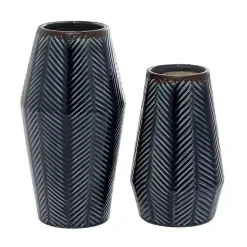 Navy Carved Chevron Ceramic Vases, Set of 2