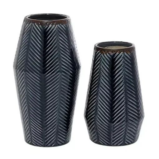 Navy Carved Chevron Ceramic Vases, Set of 2