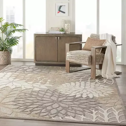 Neutral Floral Burst Outdoor Area Rug, 7x10