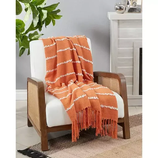 Orange White Striped Fringe Throw Blanket