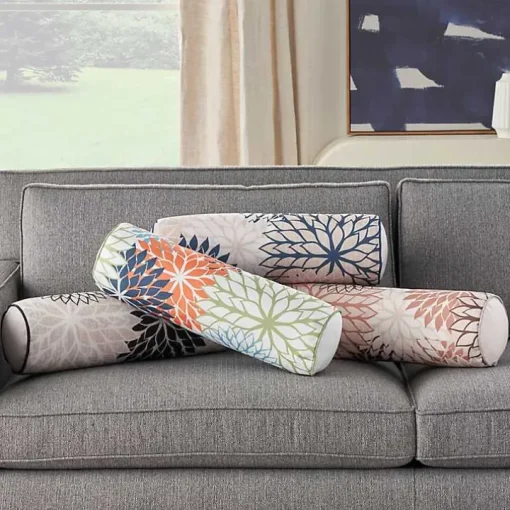 Pink and Beige Floral Outdoor Bolster Pillow