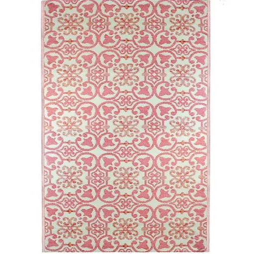 Pink and Cream Floral Tile Outdoor Area Rug, 4x6