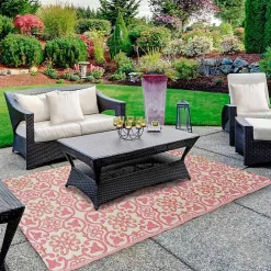 Pink and Cream Floral Tile Outdoor Area Rug, 4x6