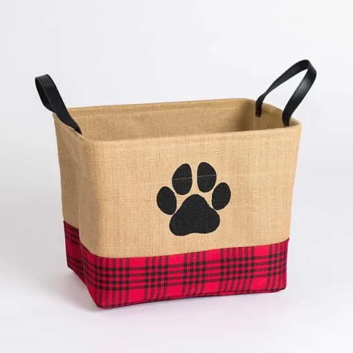Red and Black Plaid Paw Print Jute Bin