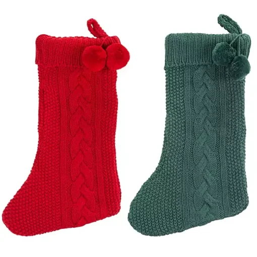 Red and Green Cable Knit Stockings, Set of 2