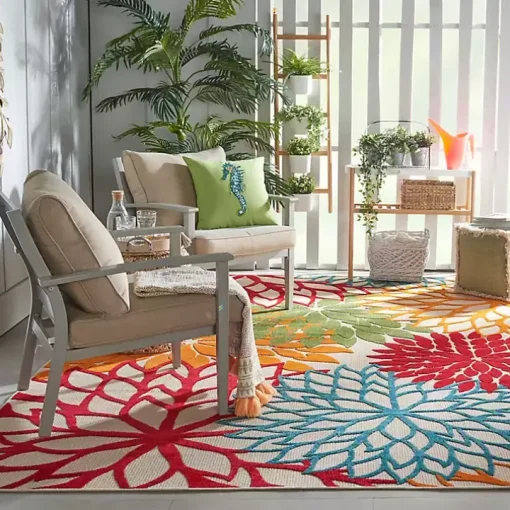 Red Bright Floral Burst Outdoor Area Rug, 7x10