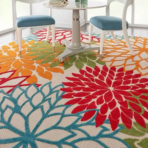 Red Bright Floral Burst Outdoor Area Rug, 7x10