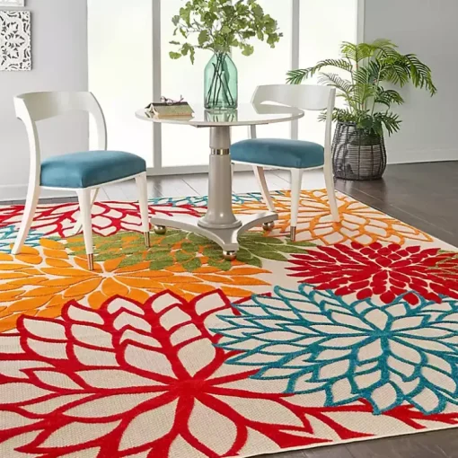 Red Bright Floral Burst Outdoor Area Rug, 7x10