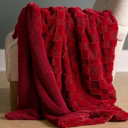 Red Faux Fur and Boucle Checkerboard Throw